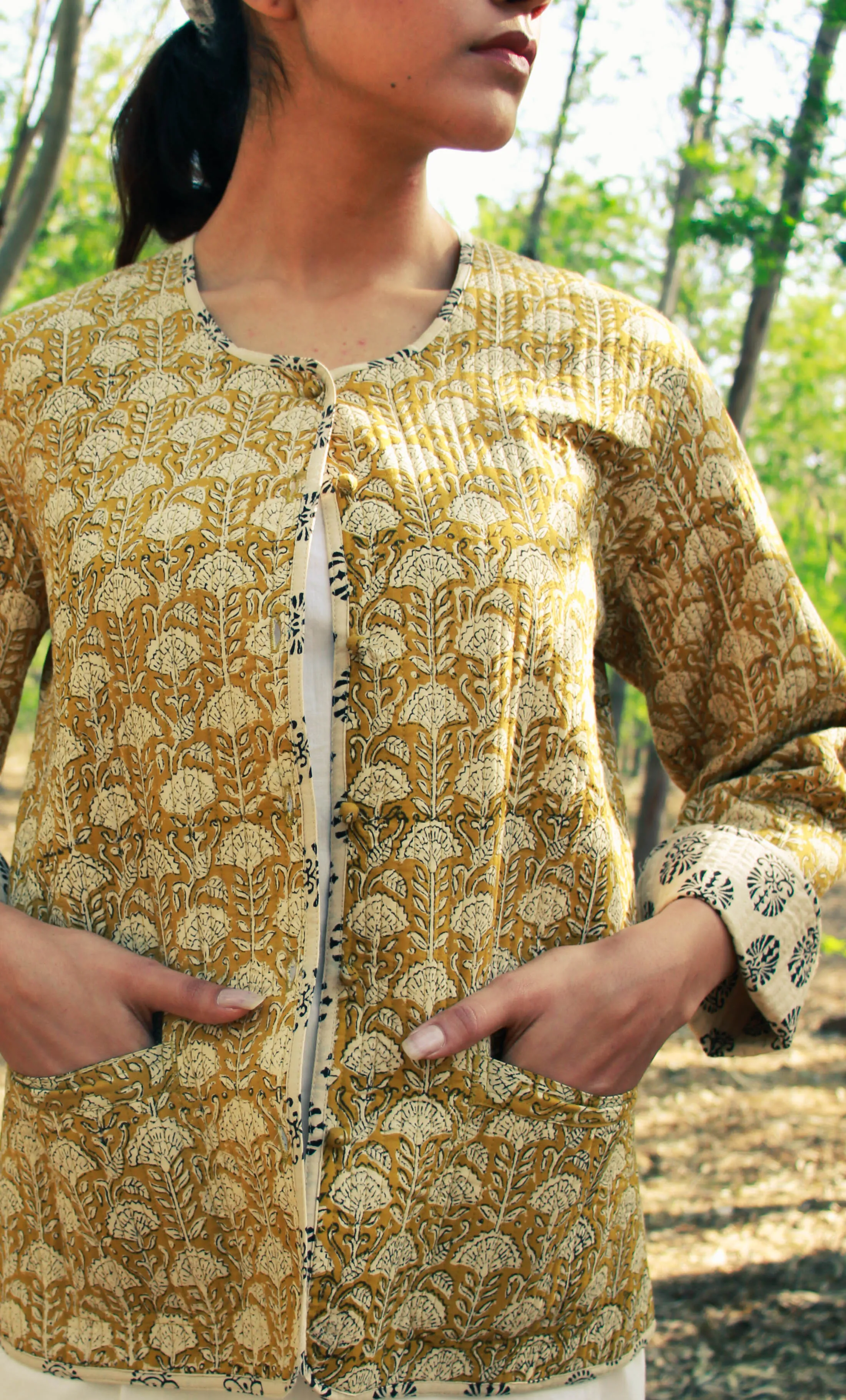 Cotton Quilted Sand Flora Reversible Hand Block Print Women’s Jacket