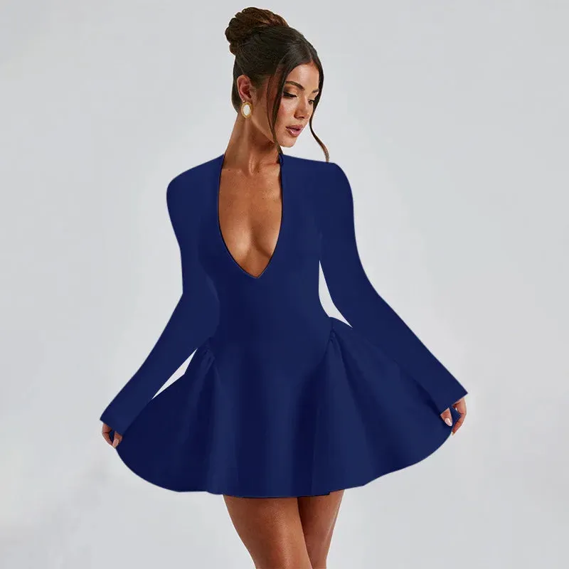 Deep V Long Sleeve Bodycon Mini Dress