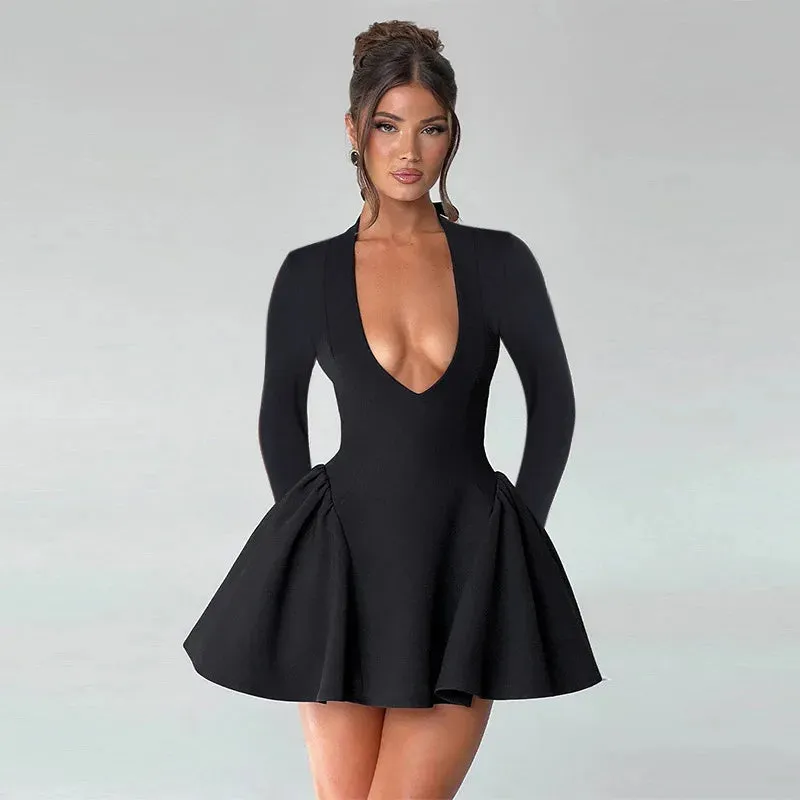 Deep V Long Sleeve Bodycon Mini Dress