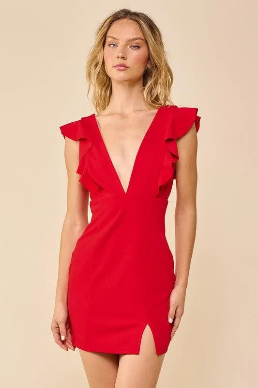 double v neck ruffle bodycon dress