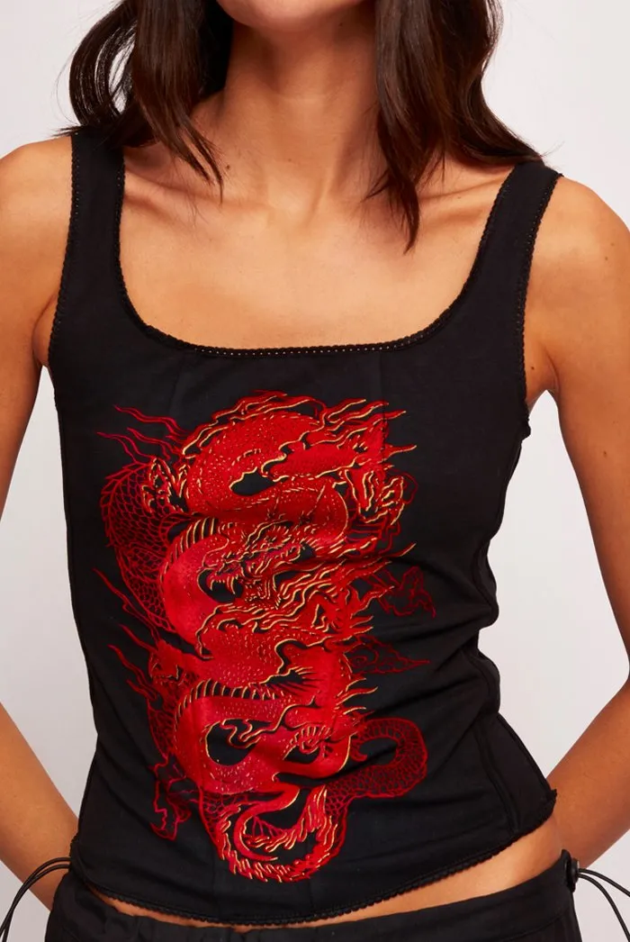 Dragon Print Foil & Flock Lace Up Back Crop Top