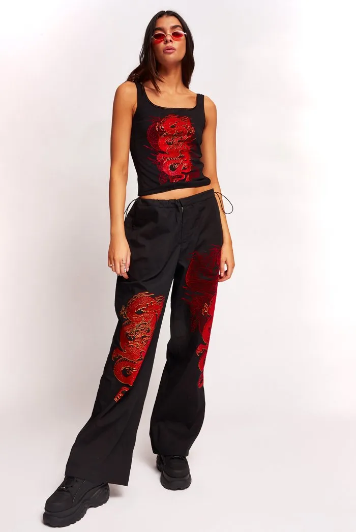 Dragon Print Foil & Flock Lace Up Back Crop Top