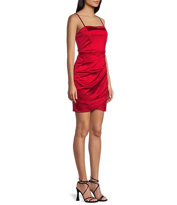 Emerald Sundae Juniors Ruched Asymmetric Bodycon Dress  Red Size XL