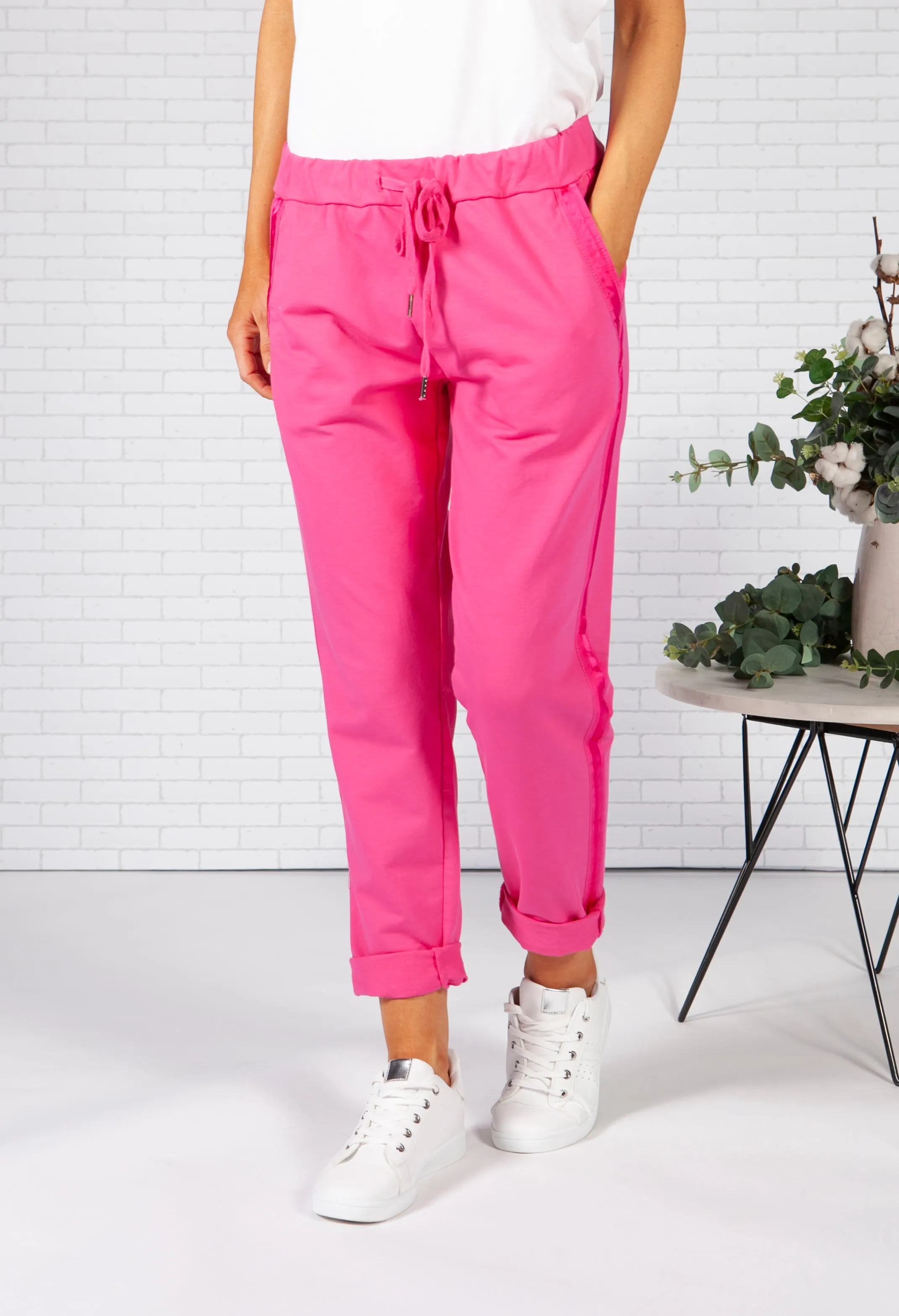 Fuchsia Joggers with Satin Detail Side Stripe