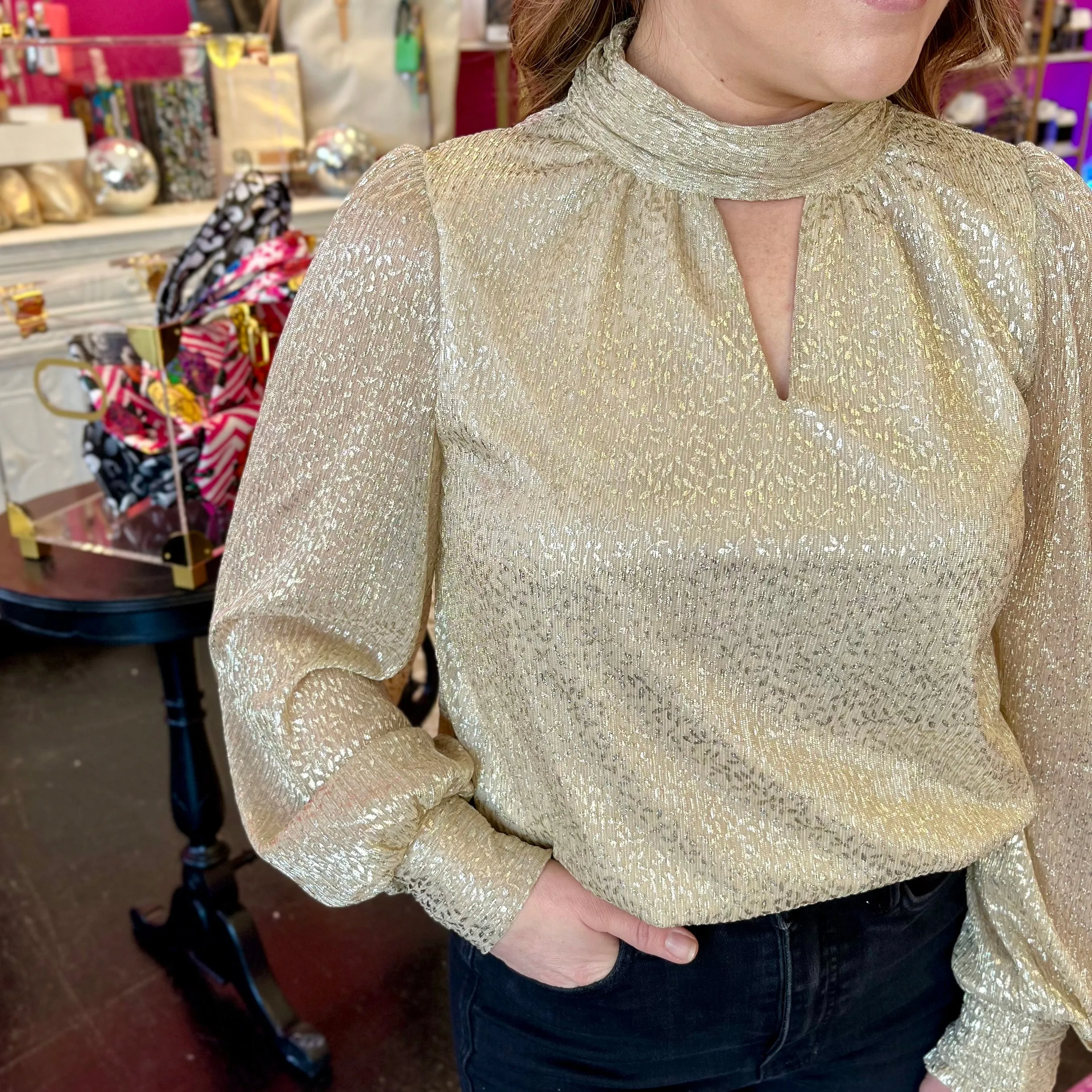 Gold Metallic Mock Turtleneck Top