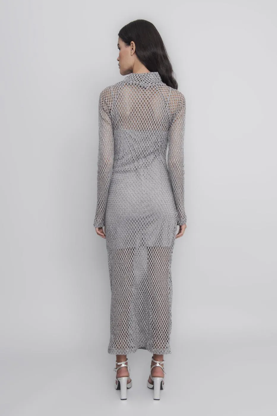 Gray High Collar Fishnet Dress