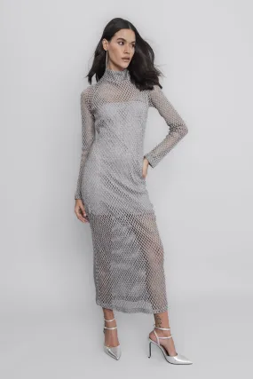 Gray High Collar Fishnet Dress