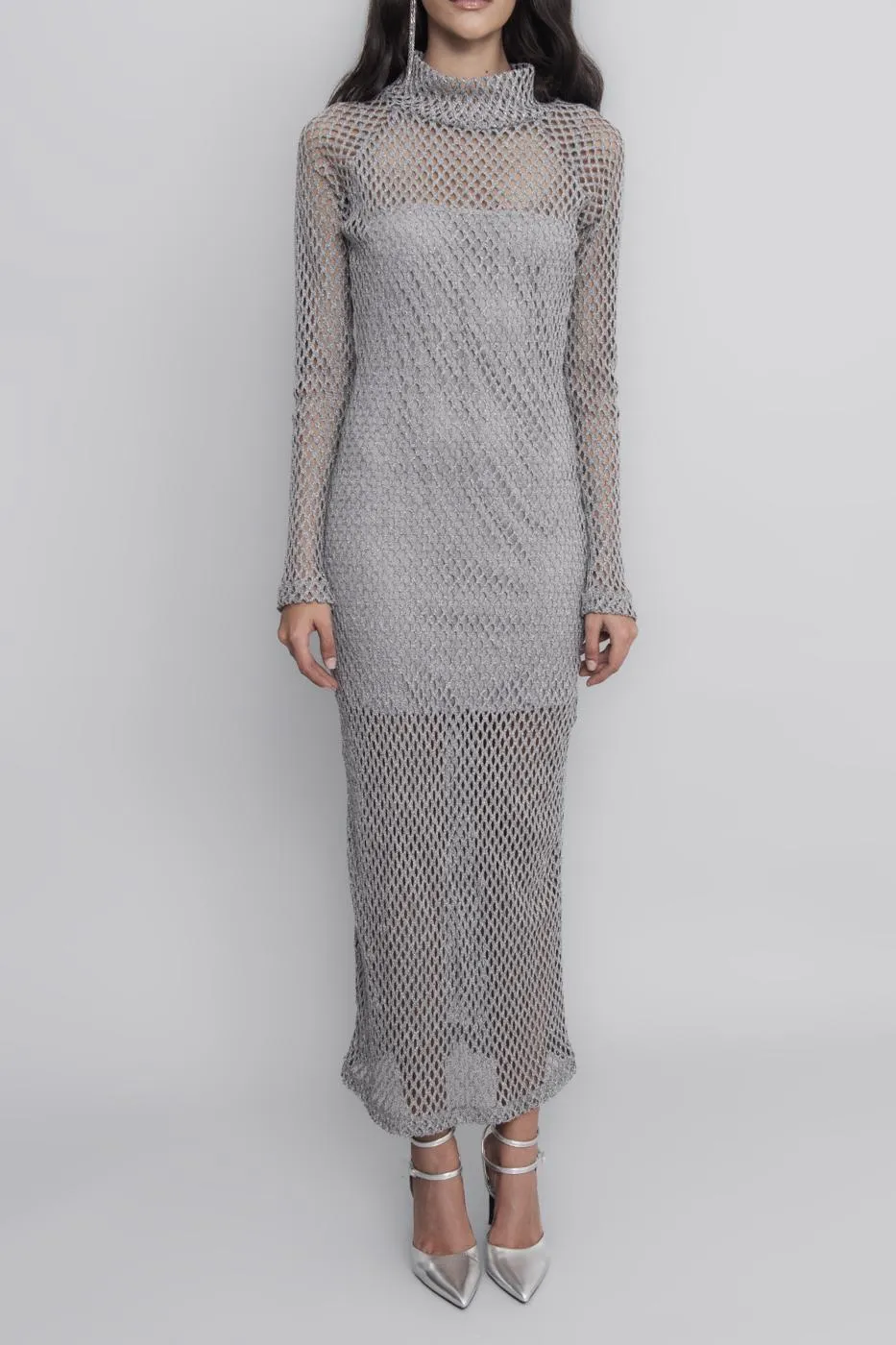 Gray High Collar Fishnet Dress