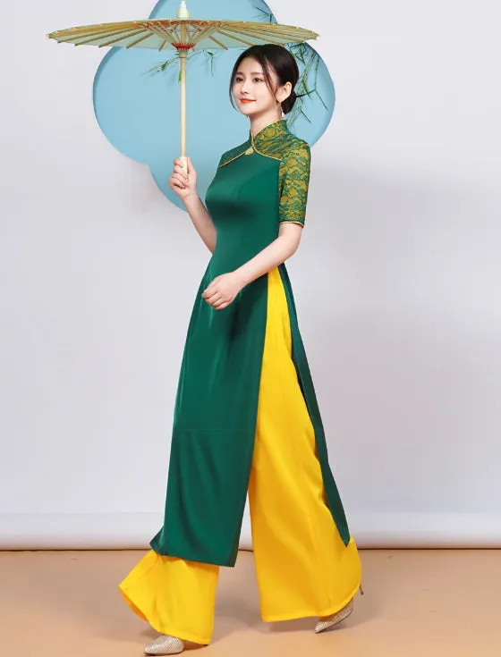 Half Sleeve Mandarin Collar Cheongsam Top Vietnamese Ao Dai Dress