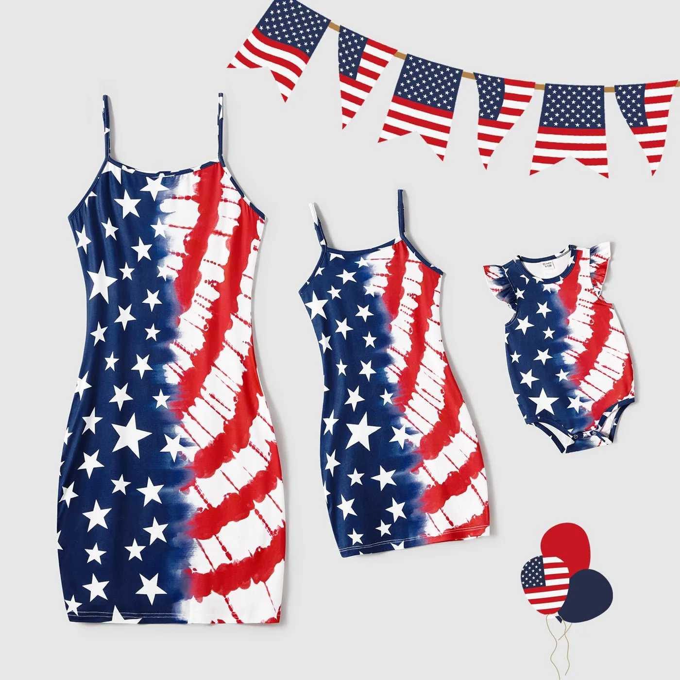 Independence Day Mommy and Me Star & Striped Spliced Short-sleeve Drawstring Ruched Bodycon T-shirt Dresses