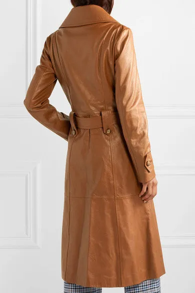 Issi Brown Leather Long Trench Coat Women Outfit Double Breasted