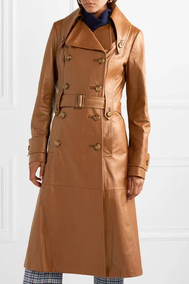 Issi Brown Leather Long Trench Coat Women Outfit Double Breasted