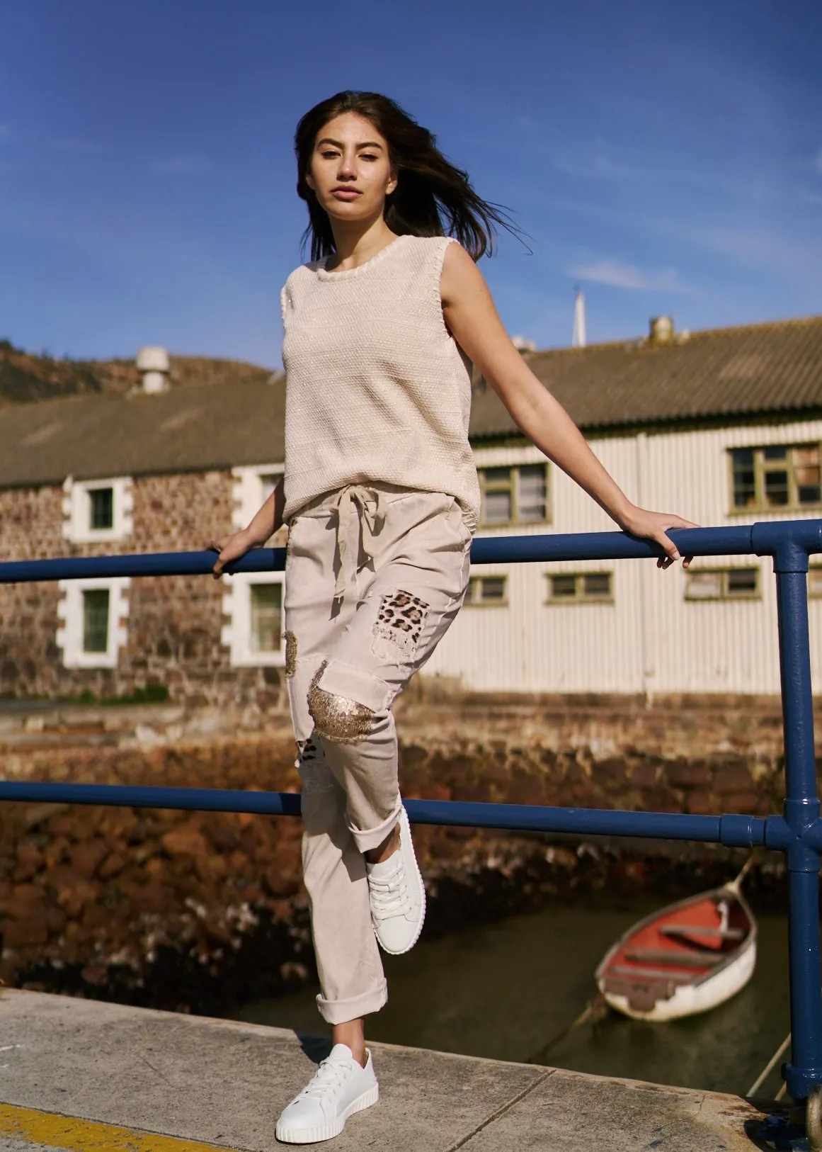 Italian Jogger with Shimmer and Leopard detail in Beige