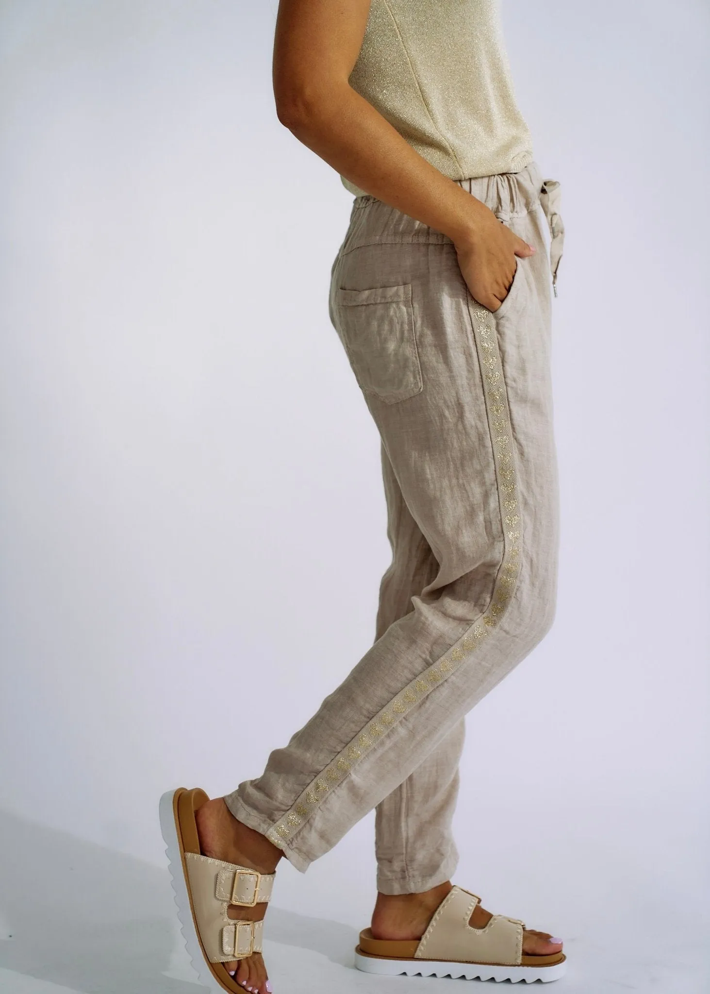 Italian Linen Joggers with Gold Hearts in Beige