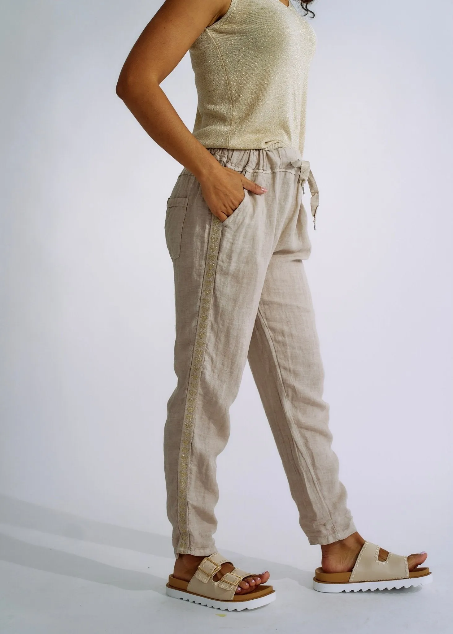 Italian Linen Joggers with Gold Hearts in Beige
