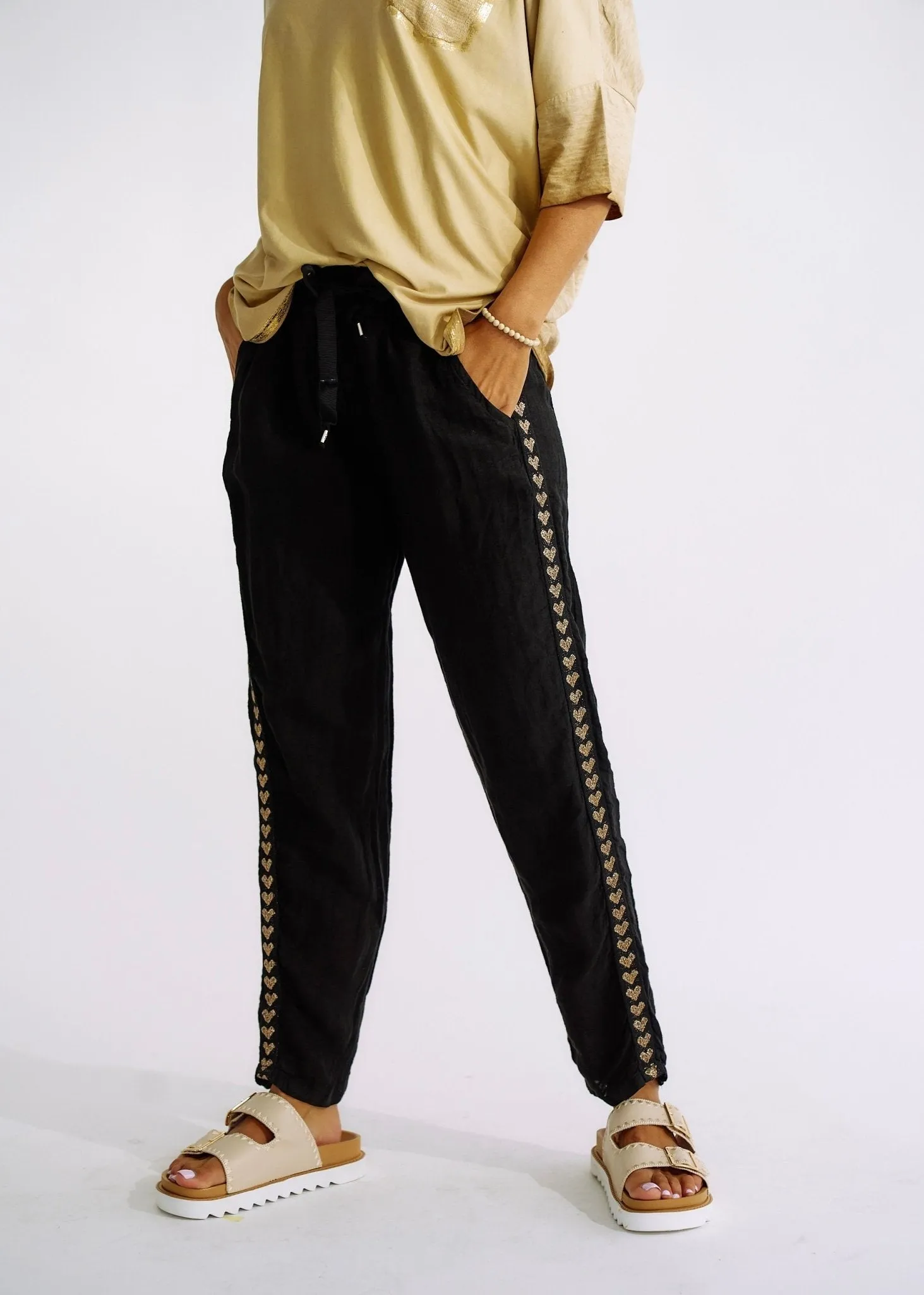 Italian Linen Joggers with Gold Hearts in Black