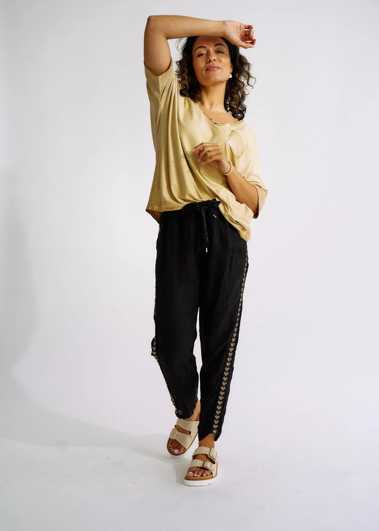 Italian Linen Joggers with Gold Hearts in Black