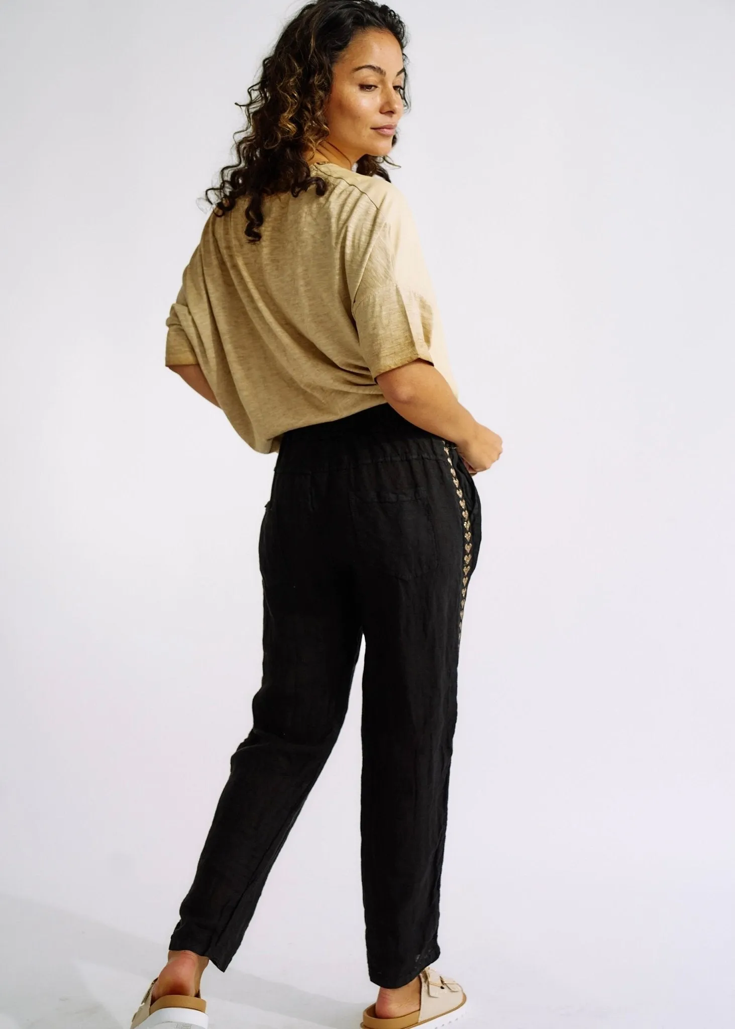 Italian Linen Joggers with Gold Hearts in Black