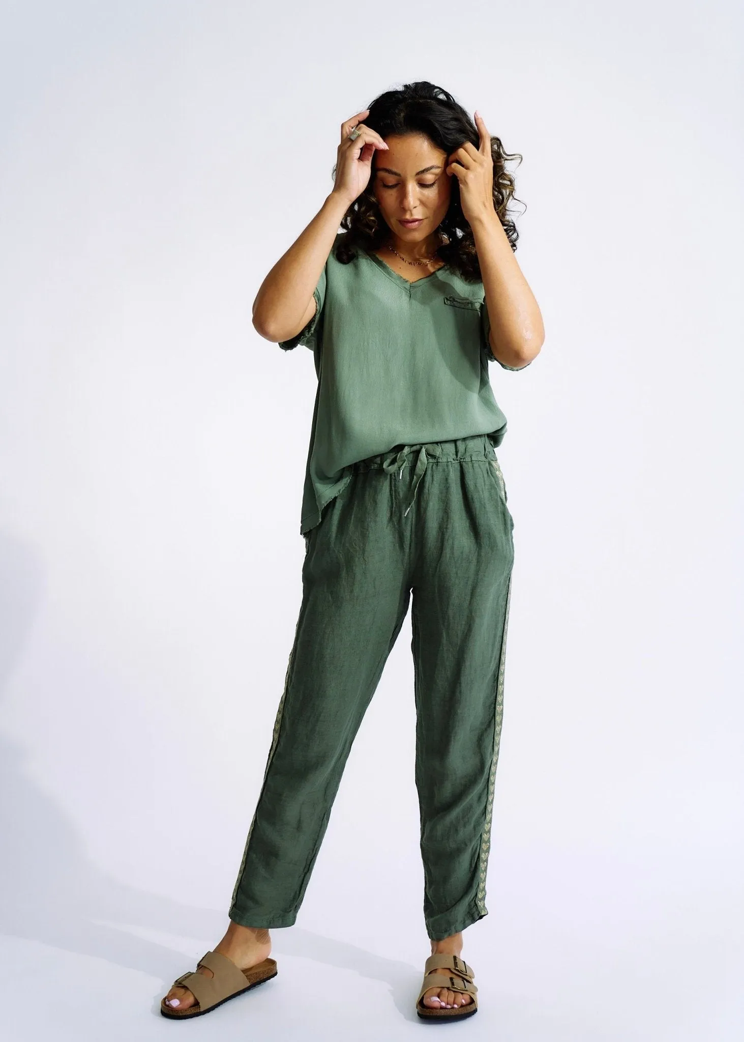 Italian Linen Joggers with Gold Hearts in Khaki