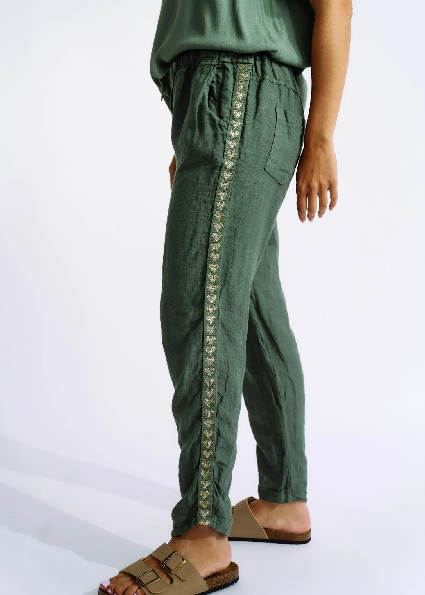 Italian Linen Joggers with Gold Hearts in Khaki