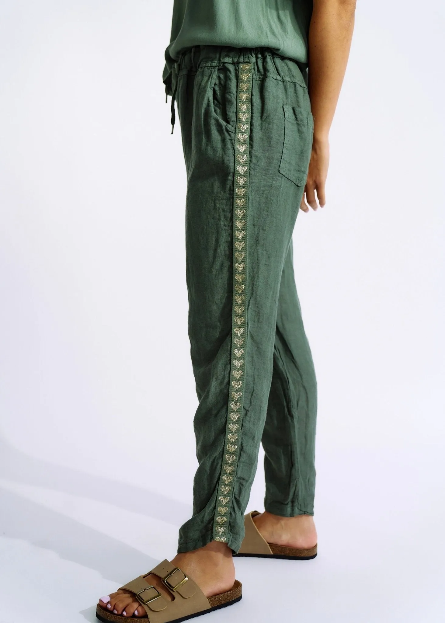 Italian Linen Joggers with Gold Hearts in Khaki