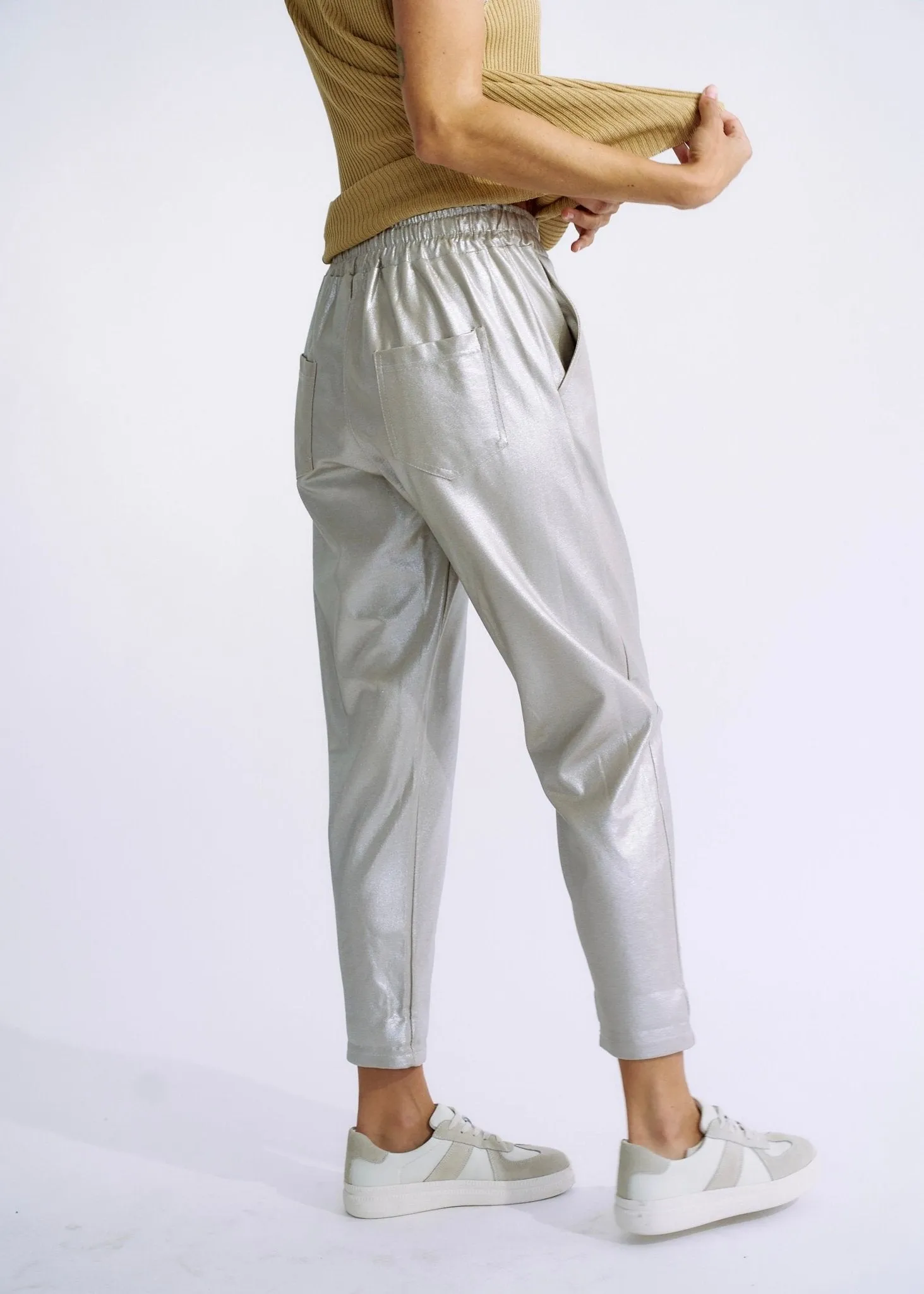 Italian Shimmer Cotton Joggers in Silver Taupe
