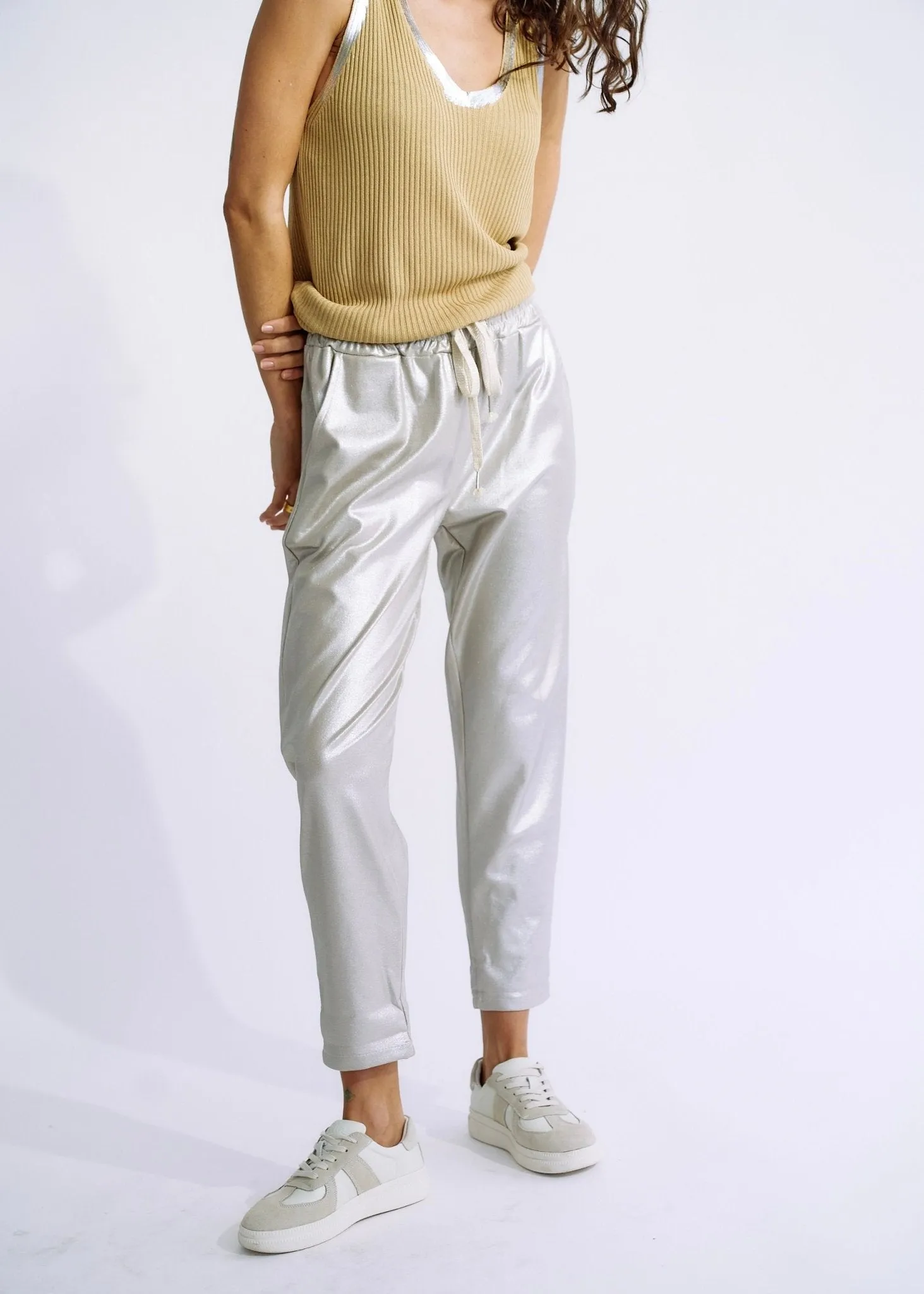 Italian Shimmer Cotton Joggers in Silver Taupe