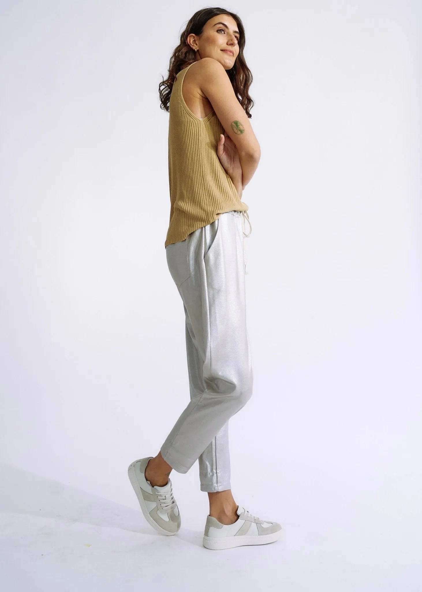 Italian Shimmer Cotton Joggers in Silver Taupe
