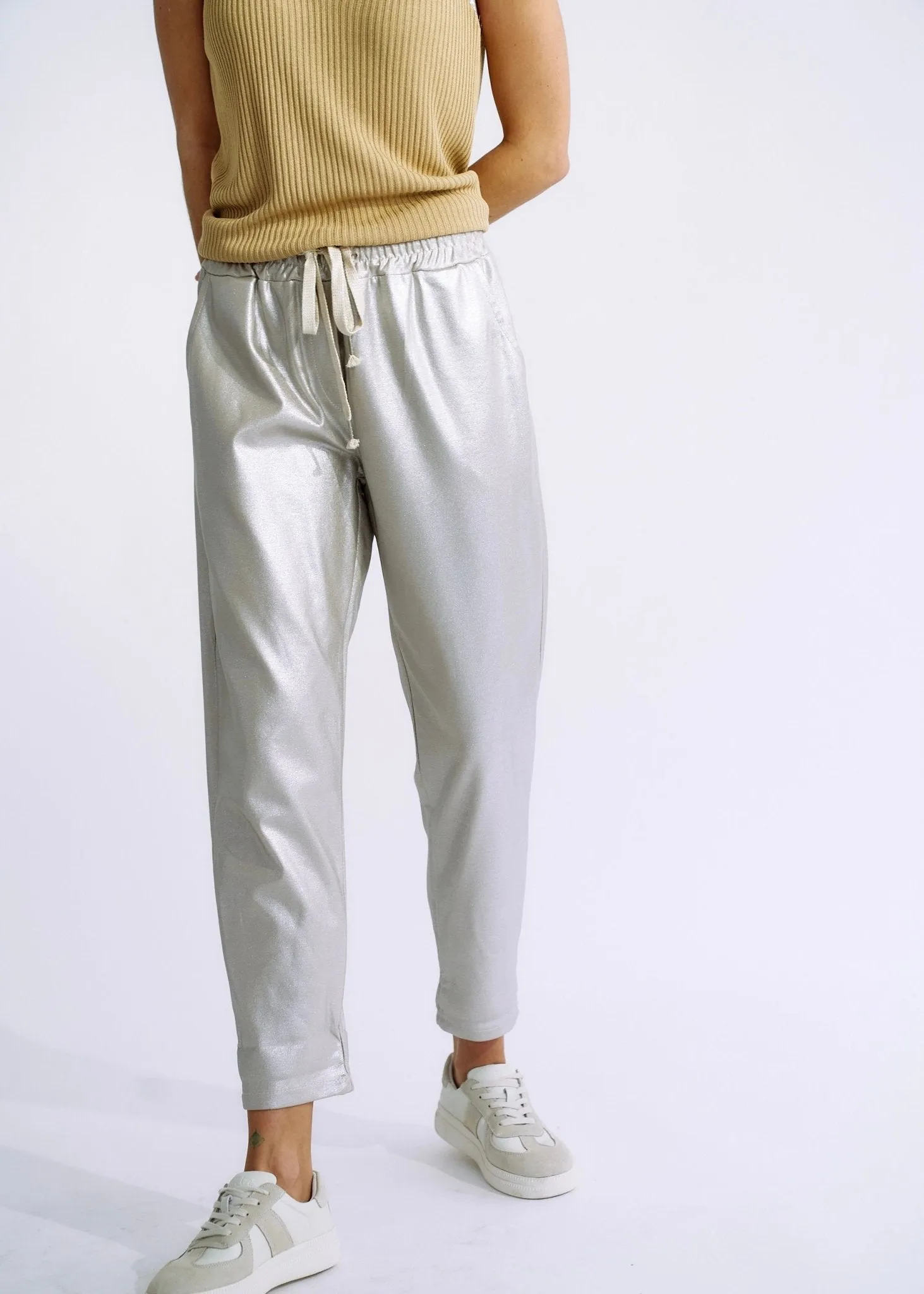 Italian Shimmer Cotton Joggers in Silver Taupe