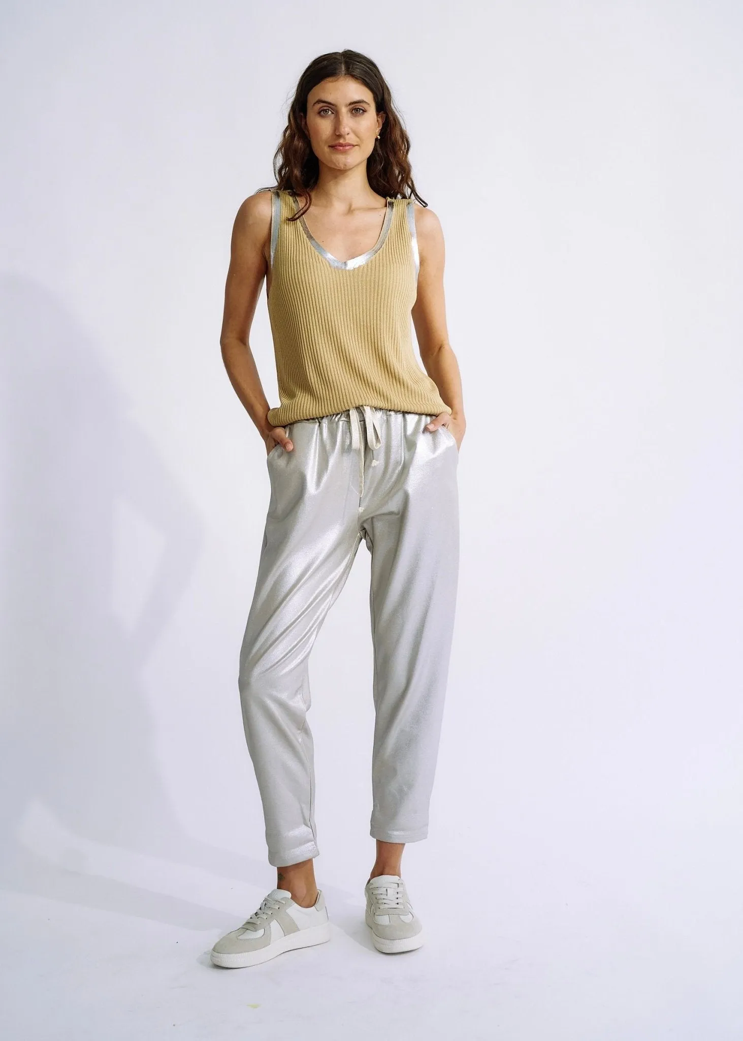 Italian Shimmer Cotton Joggers in Silver Taupe
