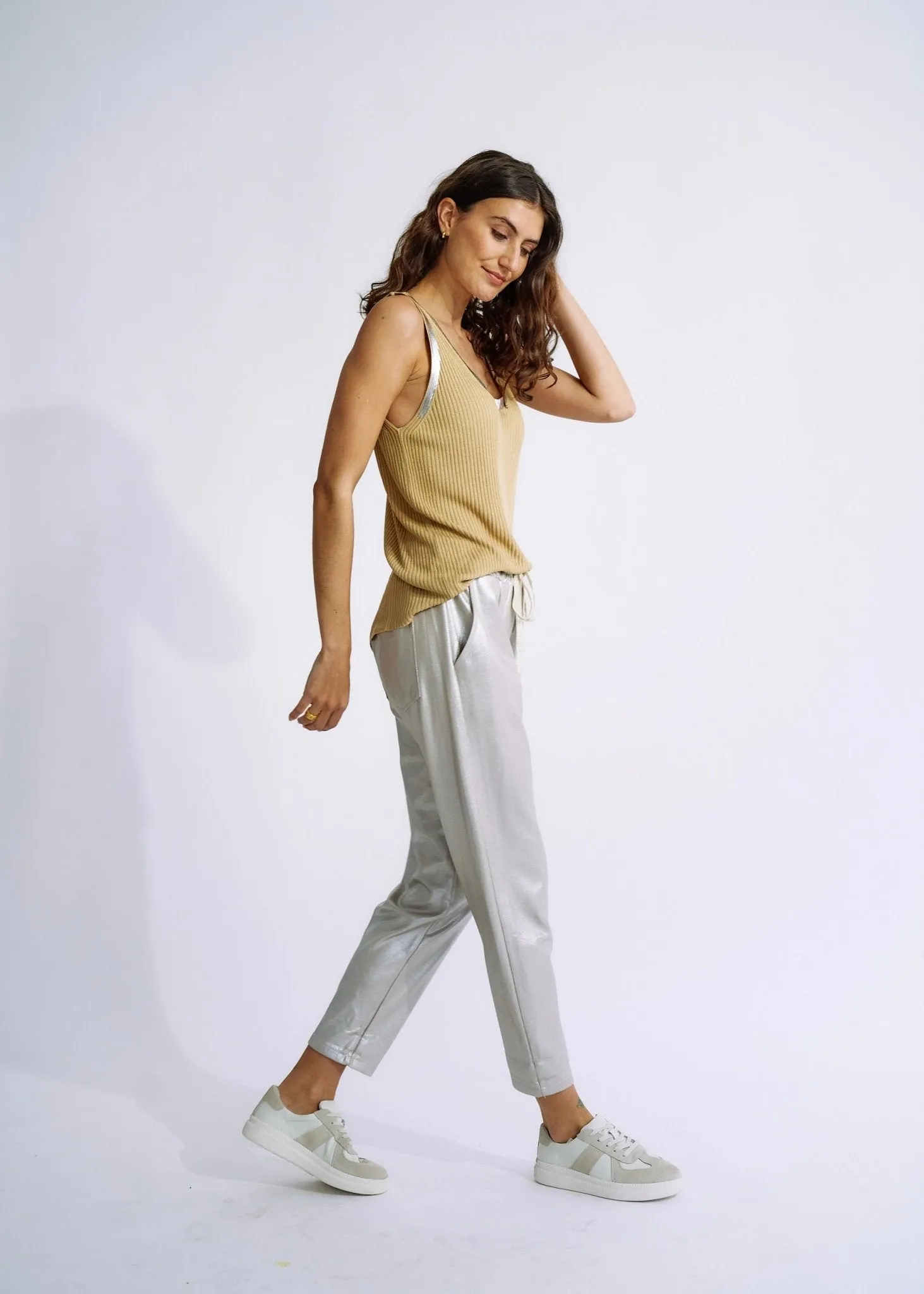 Italian Shimmer Cotton Joggers in Silver Taupe