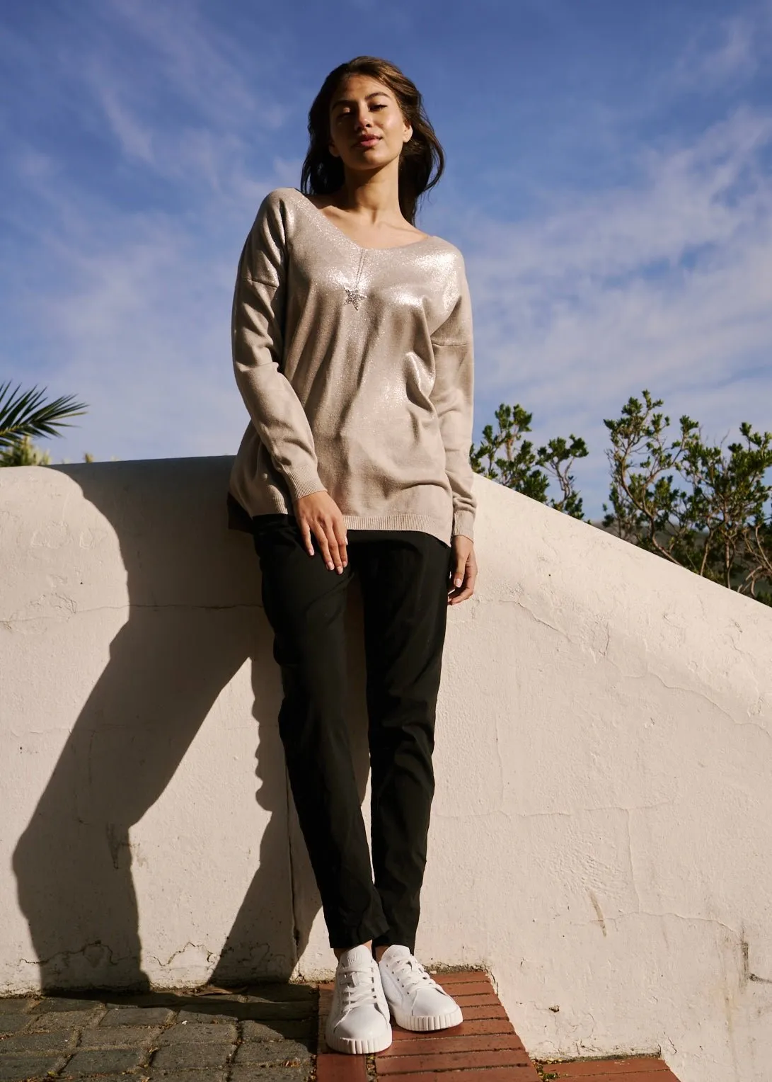 Italian Viscose Jogger with Shimmer Star Pocket in Black