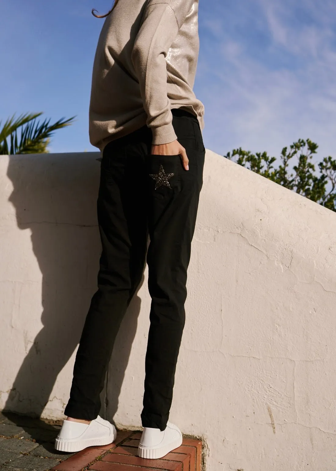 Italian Viscose Jogger with Shimmer Star Pocket in Black
