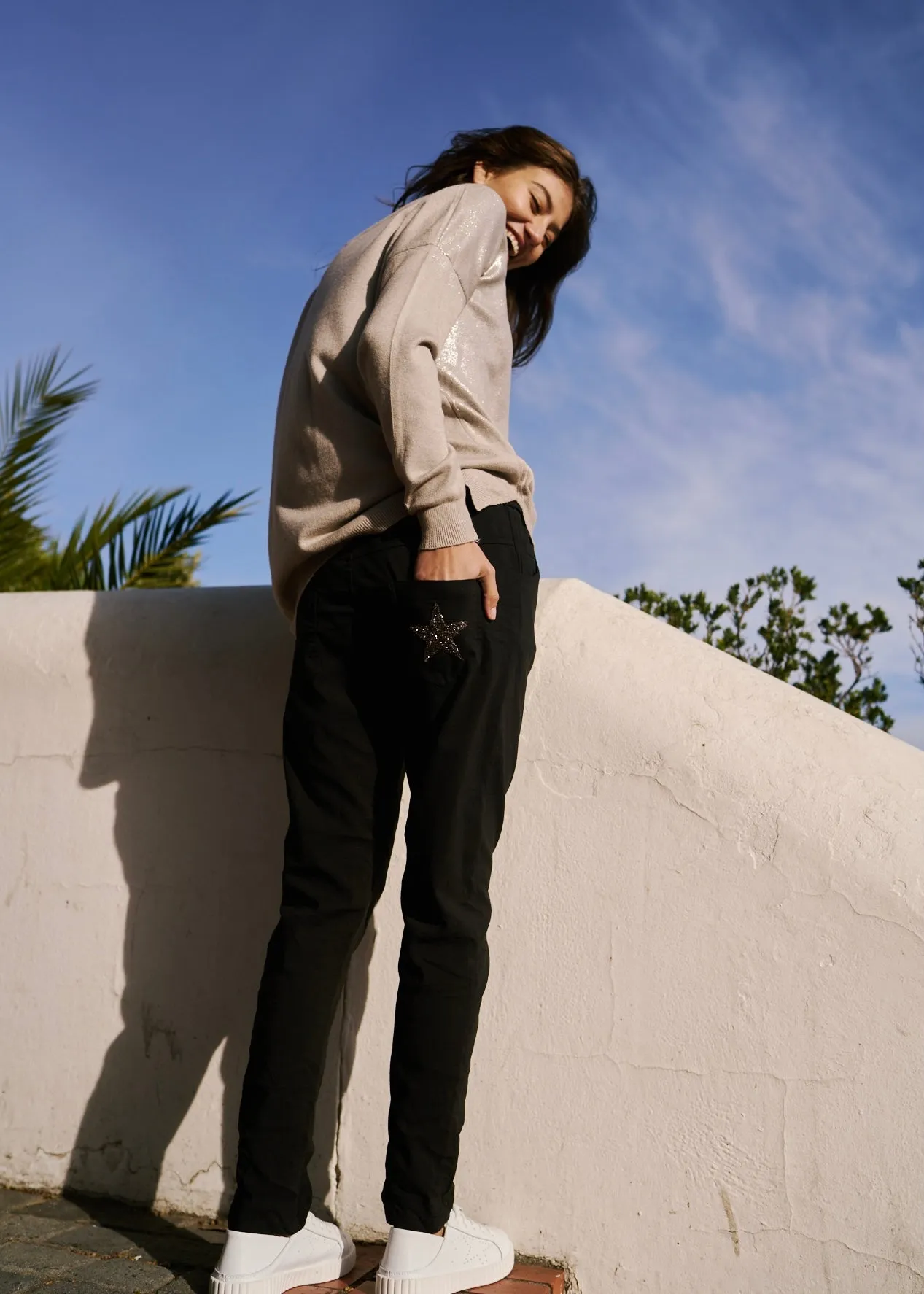 Italian Viscose Jogger with Shimmer Star Pocket in Black