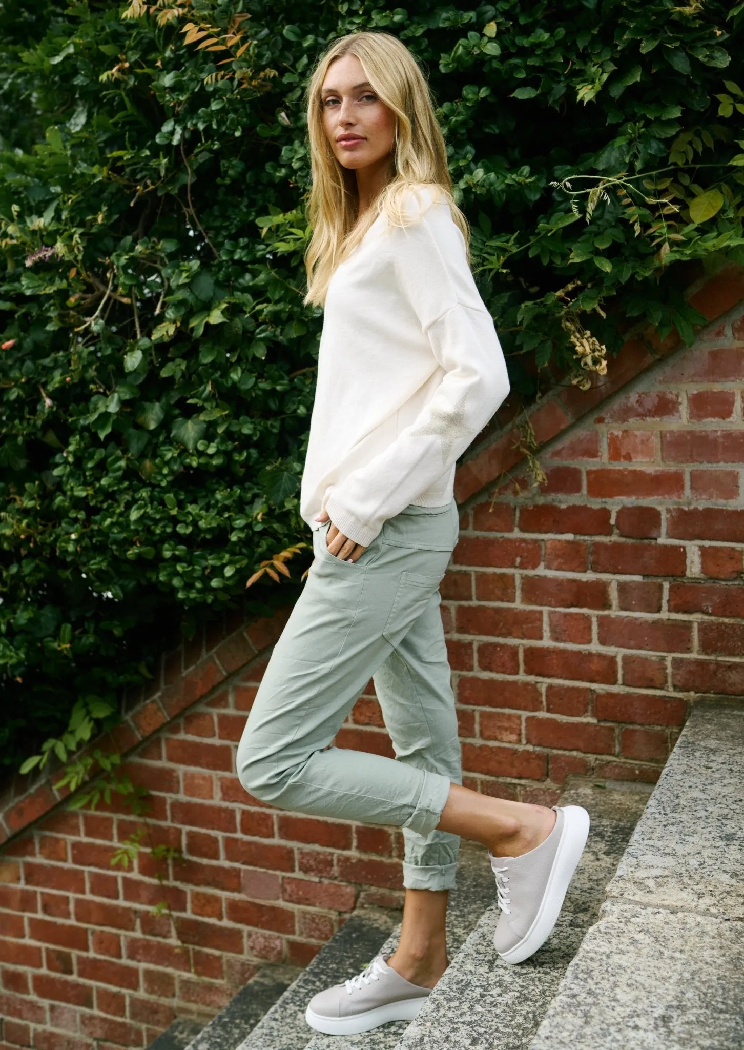 Italian Viscose Joggers with Sparkle Star In Khaki
