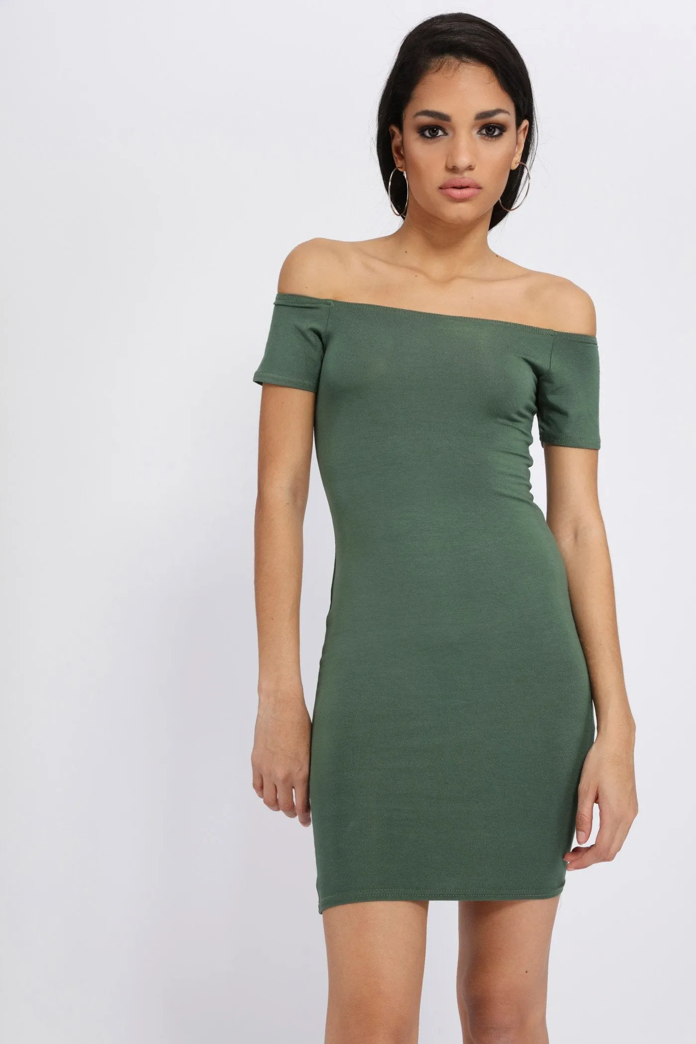 Khaki Short Sleeve Bardot Bodycon Dress