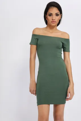 Khaki Short Sleeve Bardot Bodycon Dress