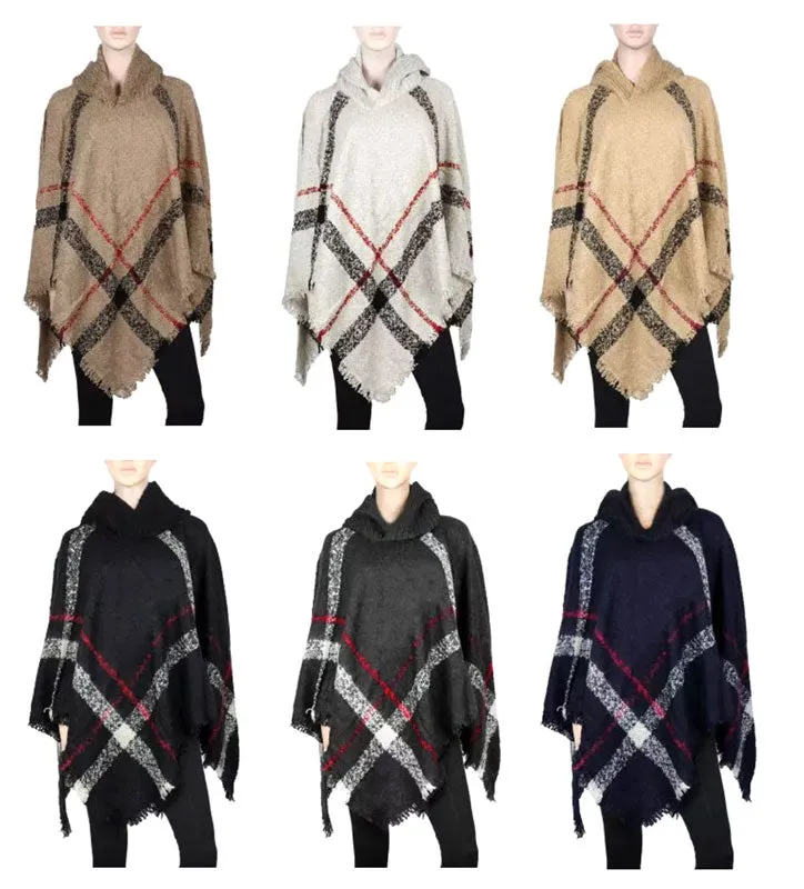Ladies Plaid Sweater Ponchos with Hood Wholesale