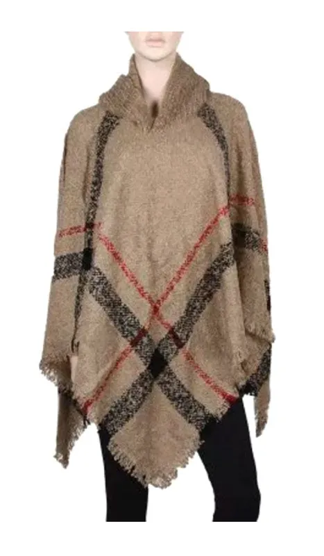 Ladies Plaid Sweater Ponchos with Hood Wholesale