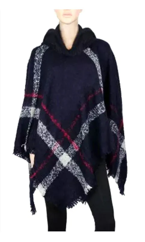 Ladies Plaid Sweater Ponchos with Hood Wholesale