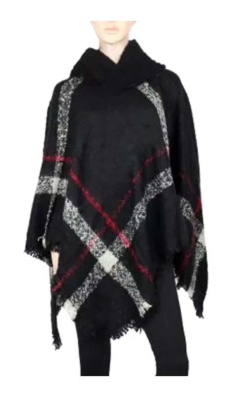 Ladies Plaid Sweater Ponchos with Hood Wholesale