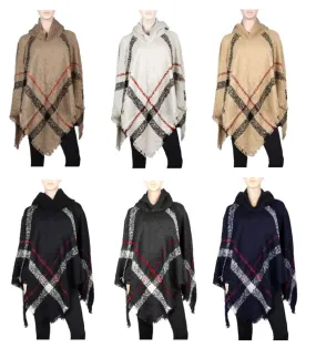 Ladies Plaid Sweater Ponchos with Hood Wholesale