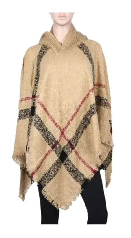 Ladies Plaid Sweater Ponchos with Hood Wholesale
