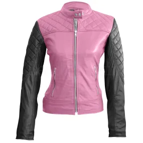 Leather Skin Women Pink with Black Sleeves Shoulder Quilted Genuine Leather Jacket