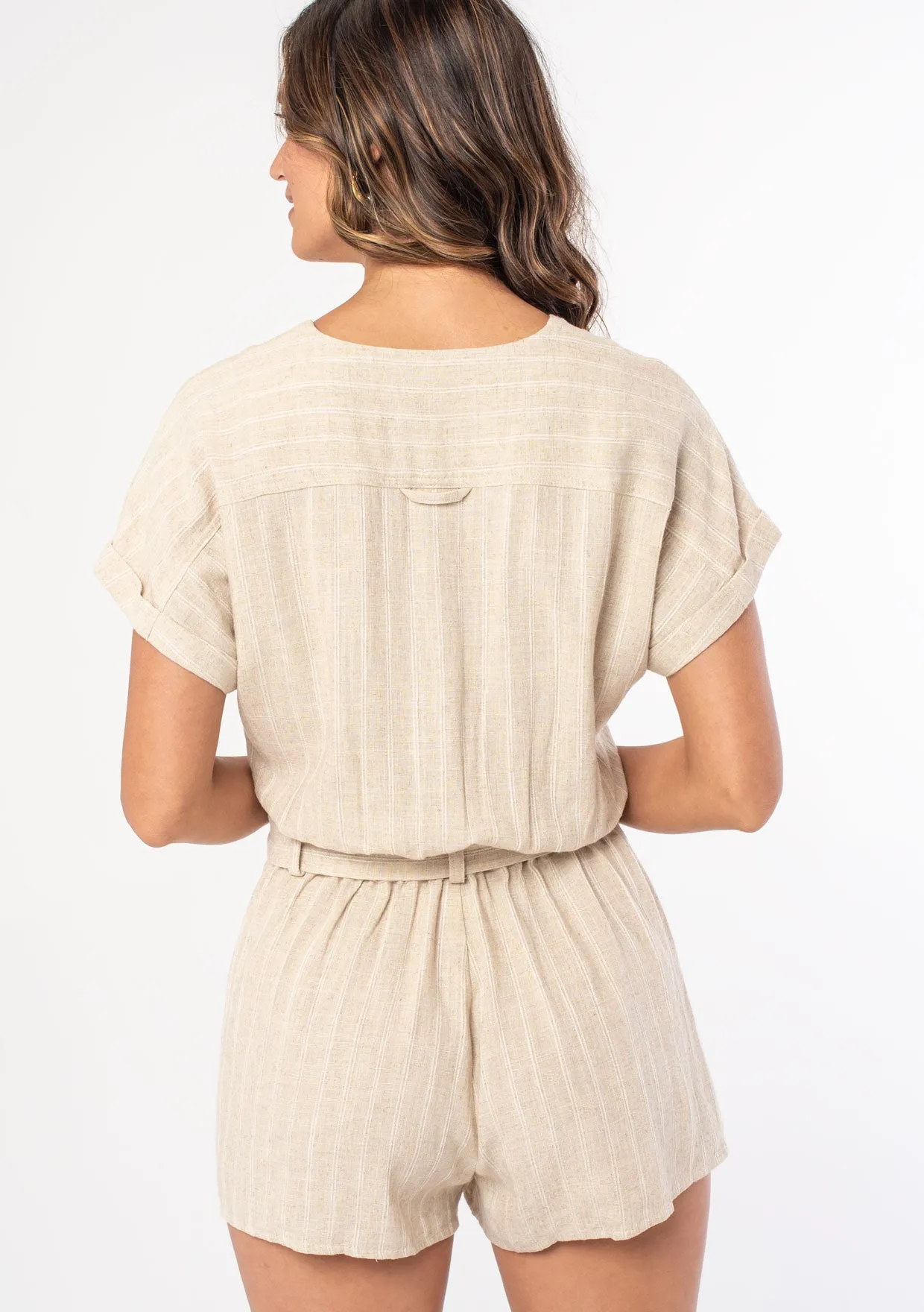 Linen Blend Striped Short Sleeve Romper