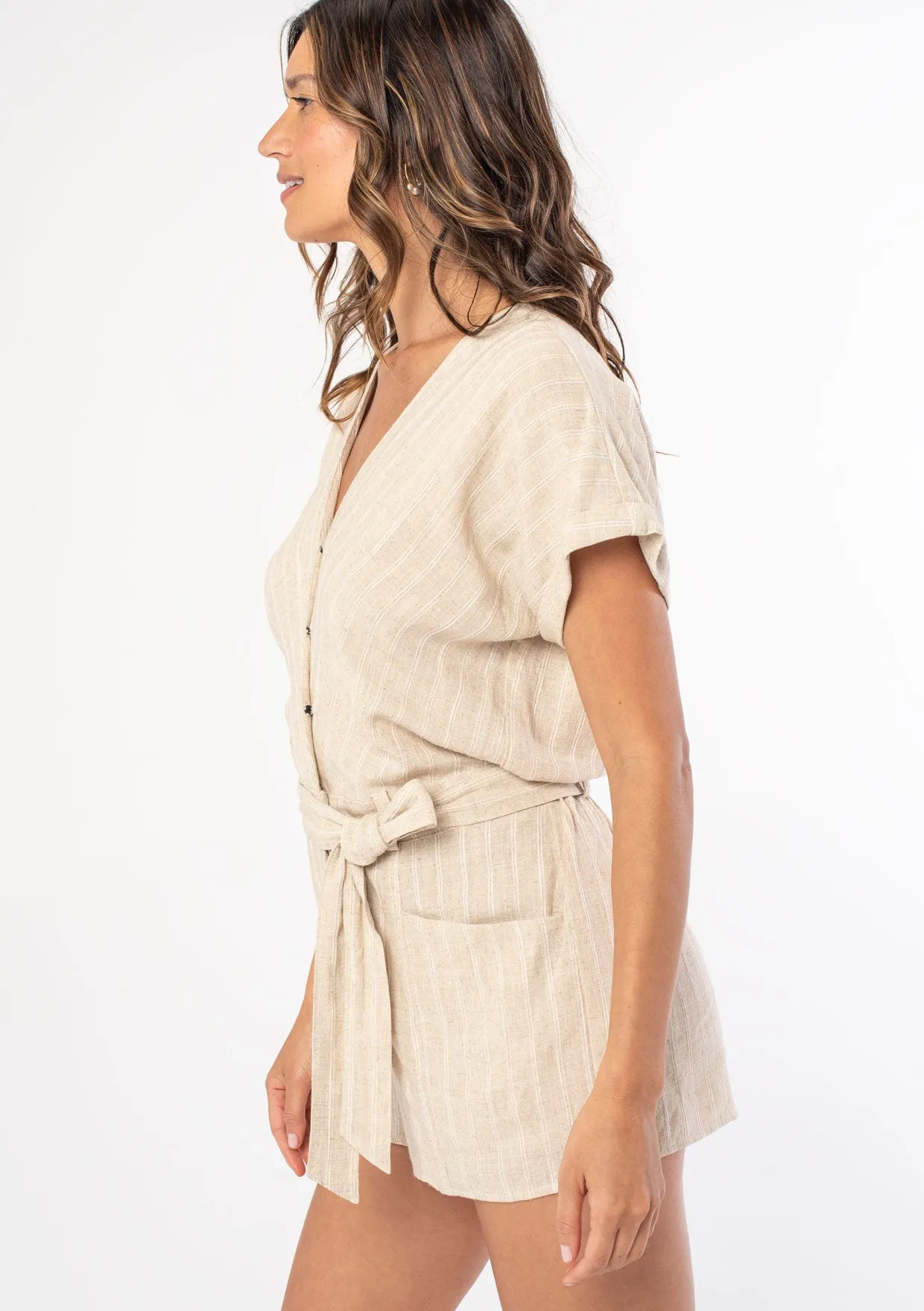 Linen Blend Striped Short Sleeve Romper