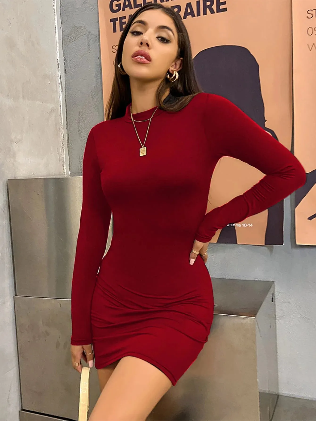 Long Sleeve Slim Turtleneck Pleated Bodycon Solid Color Mini Dress