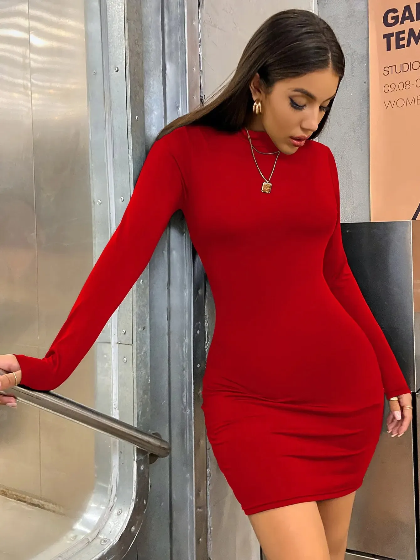 Long Sleeve Slim Turtleneck Pleated Bodycon Solid Color Mini Dress