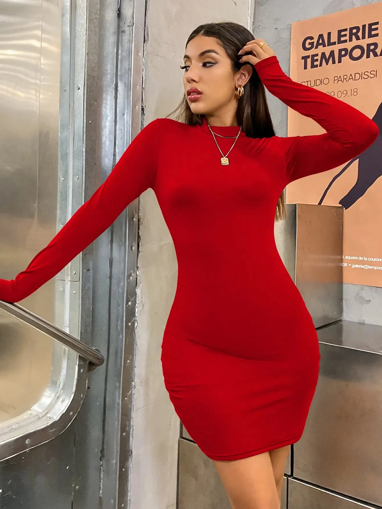 Long Sleeve Slim Turtleneck Pleated Bodycon Solid Color Mini Dress
