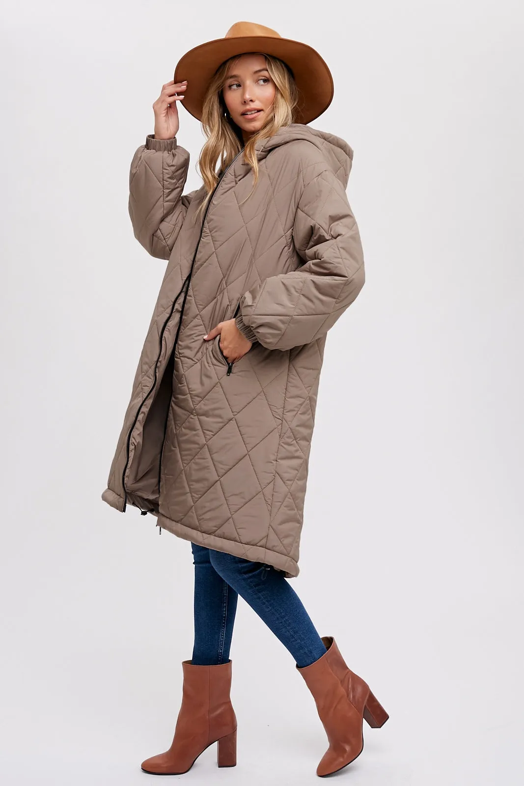 Longline Quilted Puffer Jacket • Mushroom